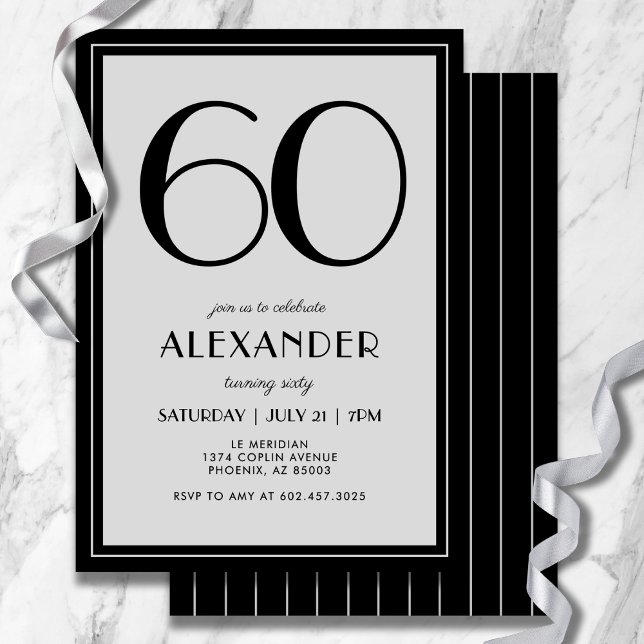 60th Birthday Modern Minimalist Mens Black Gray Inbjudningar (Modern black and light gray design—minimal, bold, and effortlessly stylish.)