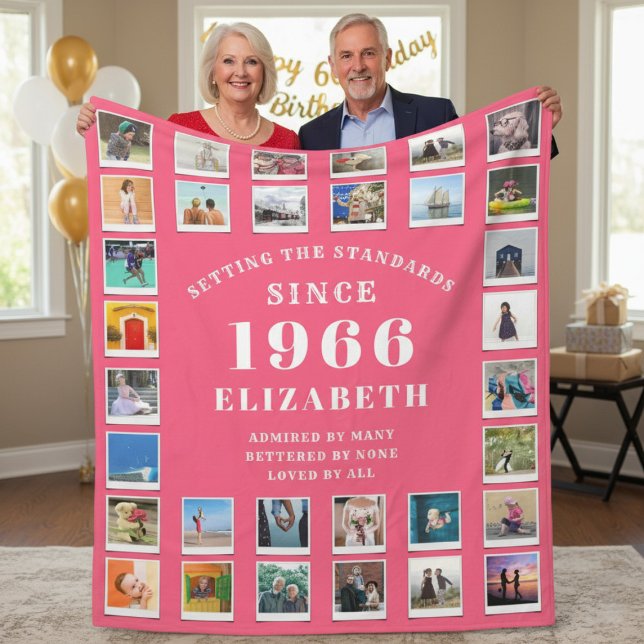 60th Birthday Mother Family Photo collage Pink Fleecefilt (Born 1966 pink fleece photo blanket held by a couple.)