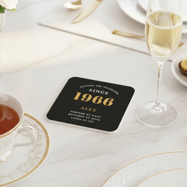 60th Birthday Name 1966 Year Black Gold Custom Underlägg Papper Kvadrat (1966 coaster. White background.)