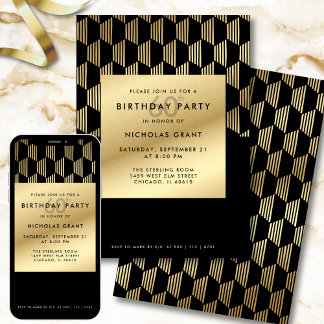 60th Birthday Party Modern Black and Gold Foil Inbjudningar