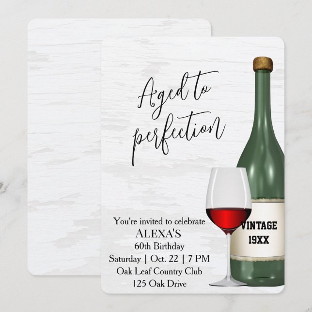 60th Birthday Party Red Wine Glass and Bottle Inbjudningar (Fram/baksida)