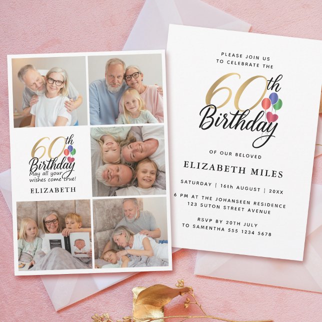 60th Birthday Photo Collage Gold Script Typography Inbjudningar (Skapare uppladdad)