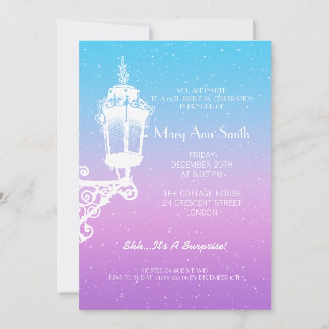 60th Blått & lilor för födelsedagvintagelampa Inbjudningar (Baksida)