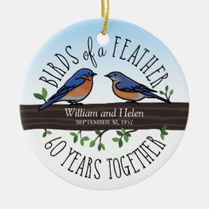 60th Bröllopsdag bluebirds av en fjäder Julgransprydnad Keramik