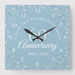 60th Diamond Wedding Anniversary Hearts Confetti Fyrkantig Klocka