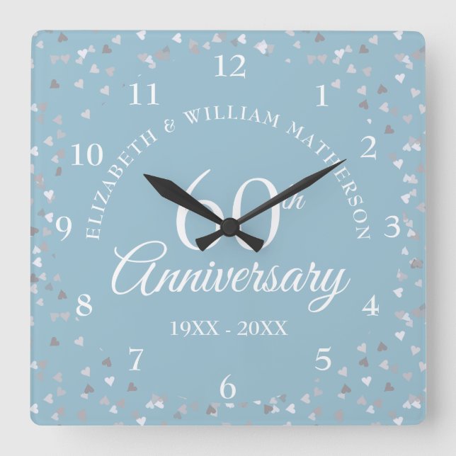 60th Diamond Wedding Anniversary Hearts Confetti Fyrkantig Klocka (Framsida)