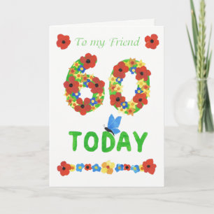 60th födelsedag för nätt blommigt, för vän kort