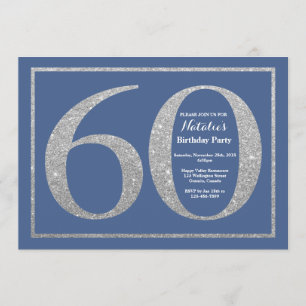 60th Födelsedagblått och silverglitter Inbjudningar