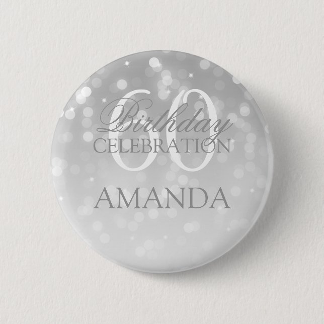60th Ljus för födelsedagsfestsilverBokeh gnistra Knapp (Framsida)