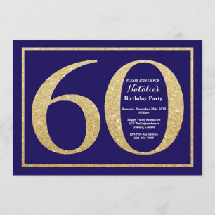 60th Marinblått och guld- glitter för födelsedag Inbjudningar