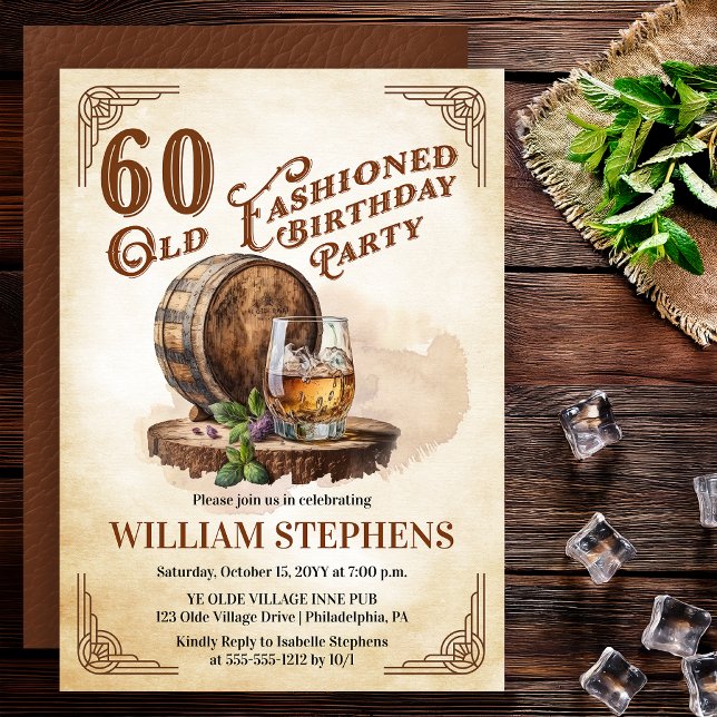 60th Old Fashioned Whiskey Barrel Birthday Party Inbjudningar (Old Fashioned whiskey barrel 60th birthday invitation vintage masculine style)