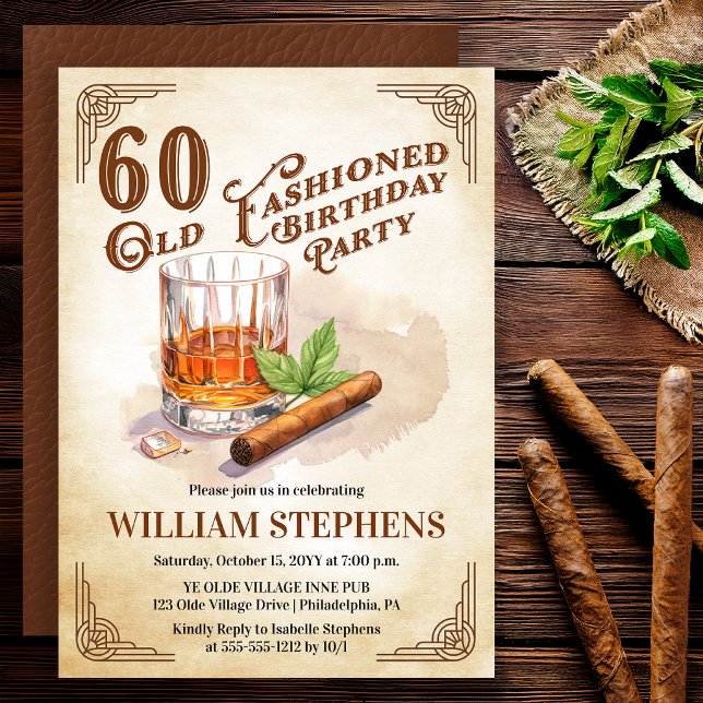 60th Old Fashioned Whiskey Cigar Birthday Party Inbjudningar (Old Fashioned whiskey 60th birthday invitation with vintage masculine style)