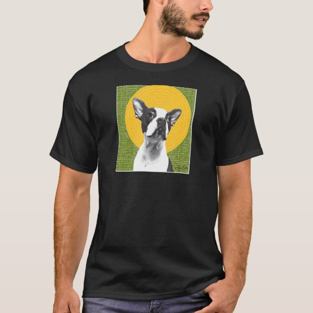 619 Hugo med en Halo Boston Terrier Halo Grönt T Shirt (Framsida)