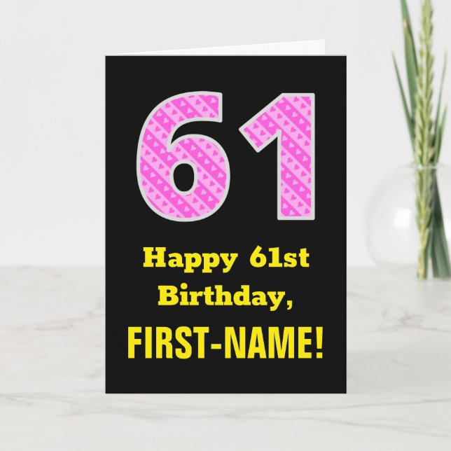 61:a födelsedag: Rosa Rand och hjärtan "61" + Namn Kort (Framsida)