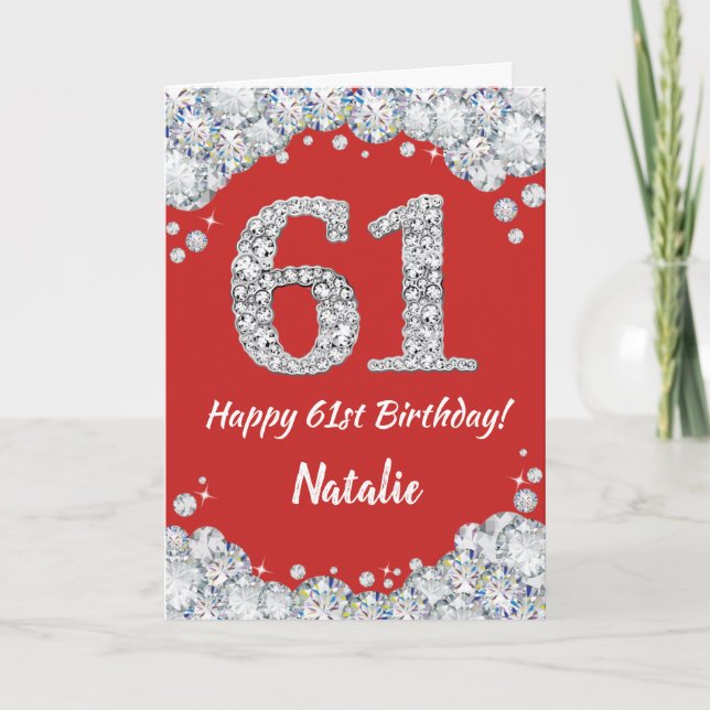 61:a födelsedagen Rött och Silver Glitter Kort (Framsida)