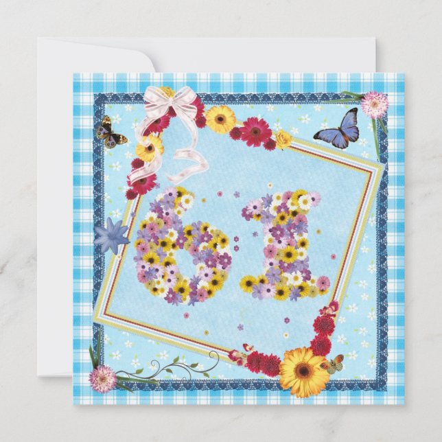 61:a Födelsedagsfest inbjudan-blommor,fjärilar Inbjudningar (Framsida)