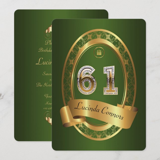 61:a, födelsedagsfest kvinnlig man, elegant färg inbjudningar (Fram/baksida)