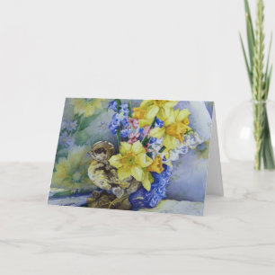 6296 Daffodils in Bird Planter Birthday Card Kort