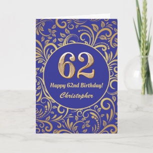62:a födelsedag Blommönstret Blue och Guld Kort