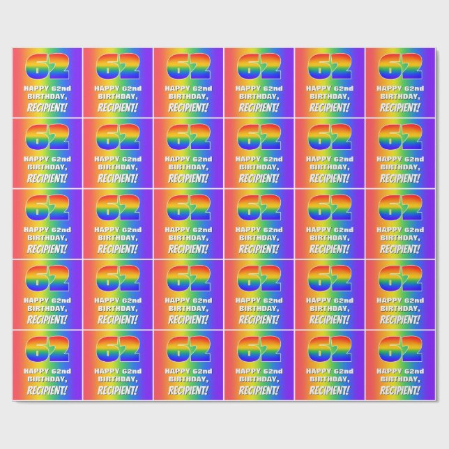 62:a födelsedag: färgfull, Roligt Rainbow Mönster  Presentpapper (Platt)