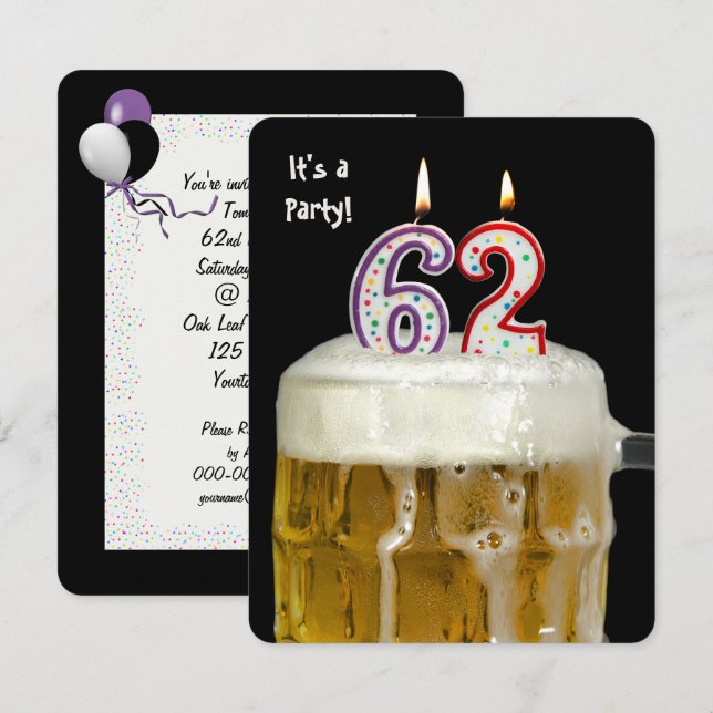 62:a födelsedag i Party Inbjudningar (Fram/baksida)