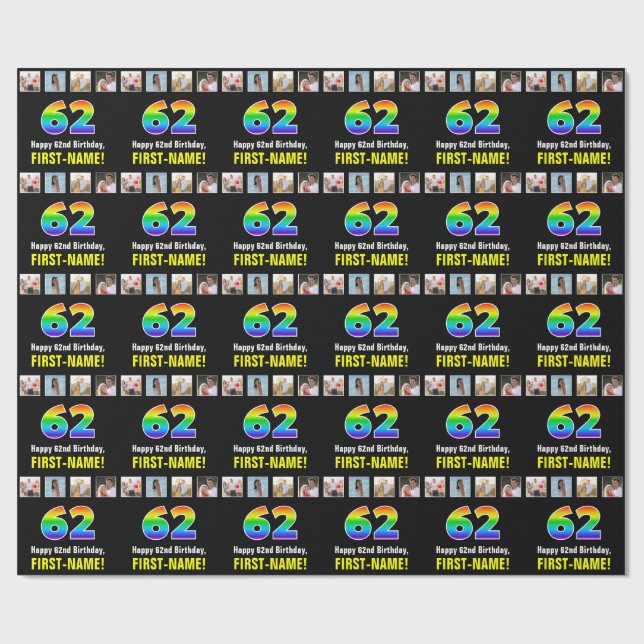 62:a födelsedagen: Regnbåge "62"; Anpassningsbar F Presentpapper (Platt)