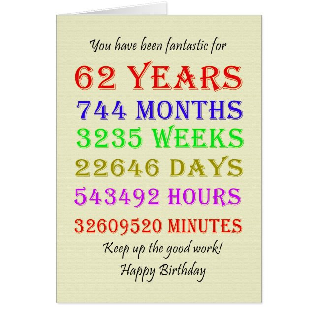 62:a födelsedagsmilstolpar hälsningskort (Framsidan)