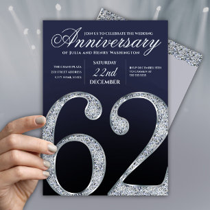 62-årsjubileum Diamant Silver Marinblå Modern Inbjudningar
