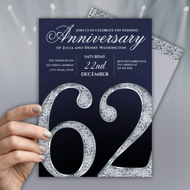 62nd Anniversary Diamond Silver Navy Blue Modern Inbjudningar (Skapare uppladdad)