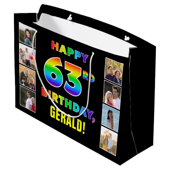63-årsdag: Regnbågstext, anpassade foton och namn (Baksidan Vinklad)
