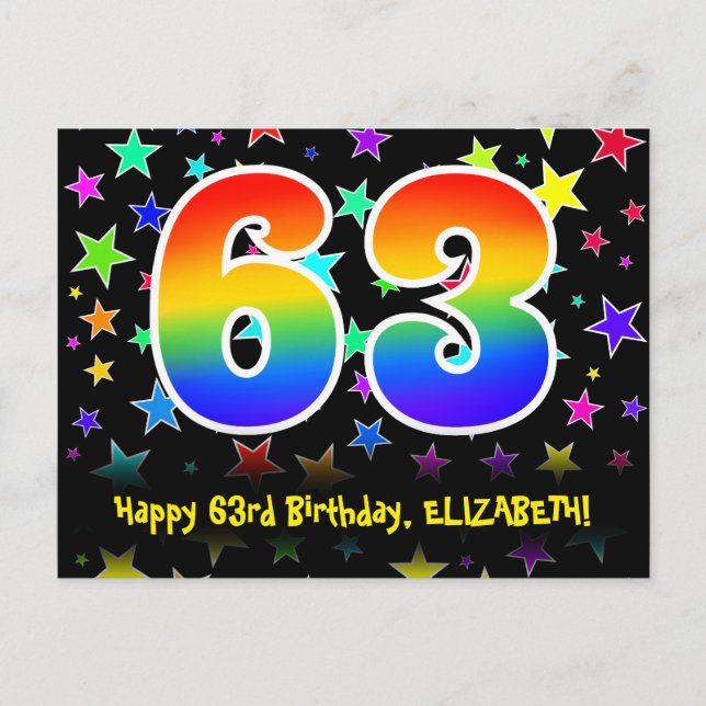 63-årsdag: Roliga stjärnor Mönster, Regnbåge 63, N Vykort (Framsida)