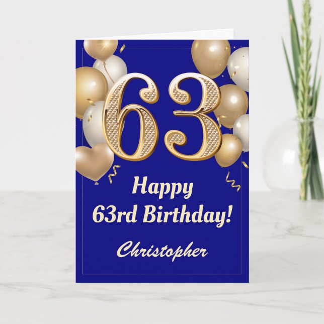 63:e födelsedag Blått och Guld-ballonger Konfetti Kort (Framsida)