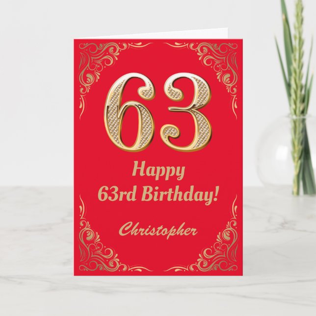 63:e födelsedag Röda och Guld Glitter Ram Kort (Framsida)
