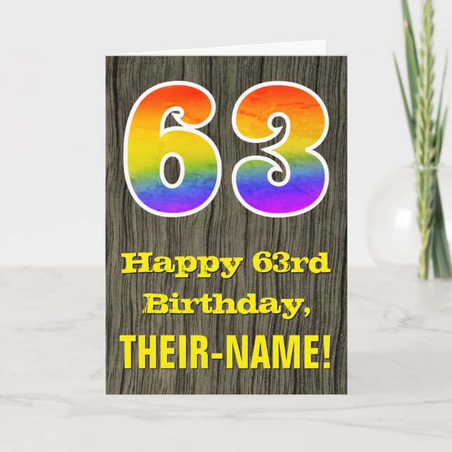63:e födelsedagen: Rustic Faux Wood look, Rainbow  Kort (Framsida)