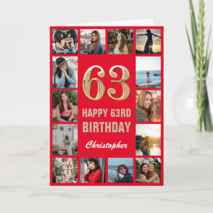 63:e Grattis på födelsedagen Red and Guld Photo Co Kort