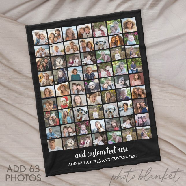 63 Fotokollage Grid - Anpassad text - Svart Fleecefilt (Custom Fleece Blanket with Photo Collage)