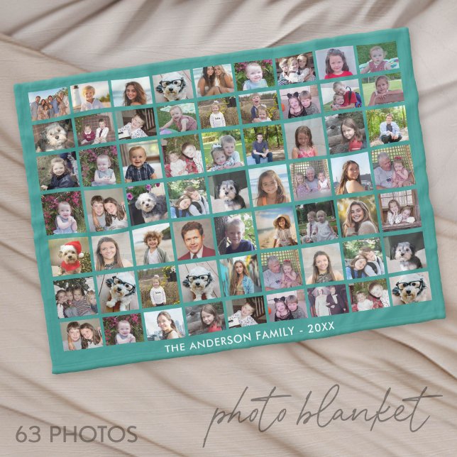 63 Fotokollage Grid med text - grön Fleecefilt (Photo Blanket - Custom Pictures in a Collage)