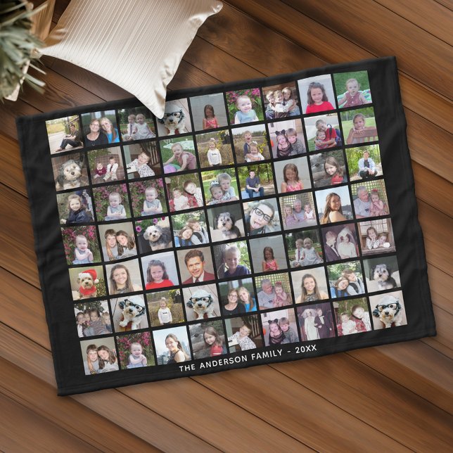 63 Fyrkantstödraster för foto med text - svart Fleecefilt (Personalized fleece blanket with 63 photos and custom text)