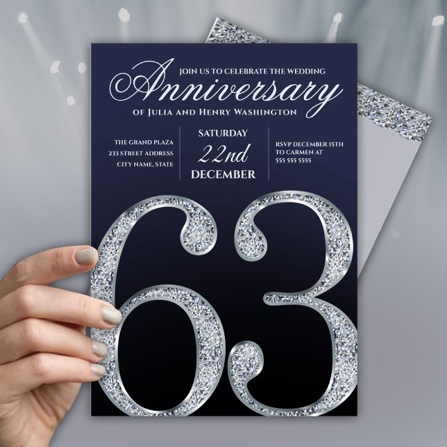 63rd Anniversary Diamond Silver Navy Blue Modern Inbjudningar (Skapare uppladdad)
