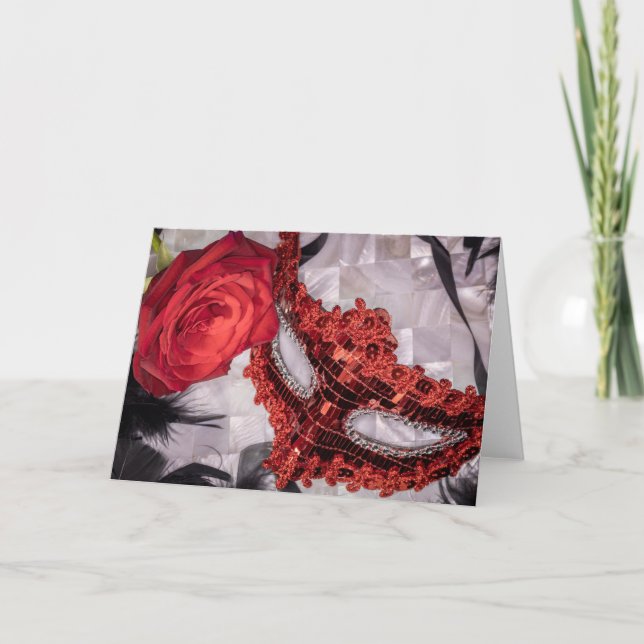 6439-Röd ros med Red Masqueramask Kort (Framsida)