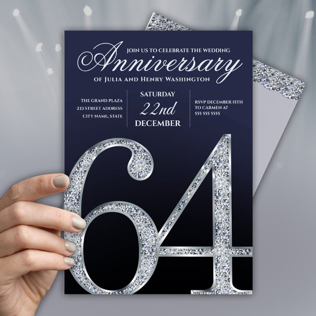 64-årsjubileum Diamant Silver Marinblå Modern Inbjudningar (Skapare uppladdad)