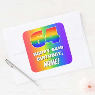 64:e födelsedag: färgfull, Roligt Rainbow Mönster Fyrkantigt Klistermärke