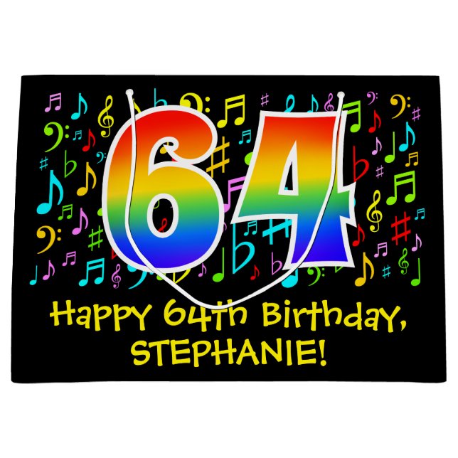 64:e födelsedag - färgstarka musiksymboler, regnbå (Framsidan)