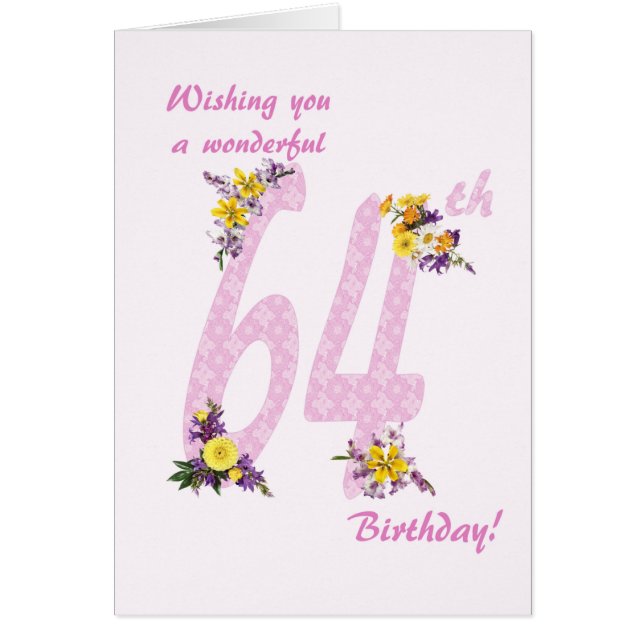 64:e födelsedagen: blomdekorerat antal hälsningskort (Framsidan)