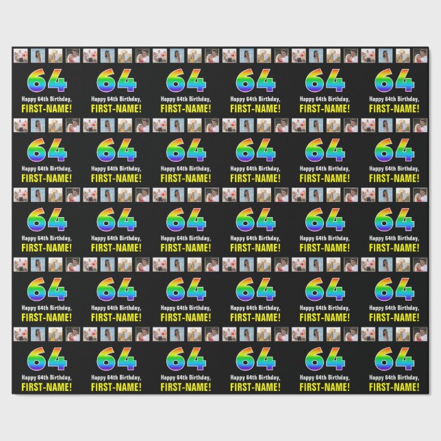 64:e födelsedagen: Regnbåge "64"; Anpassningsbar F Presentpapper (Seam)