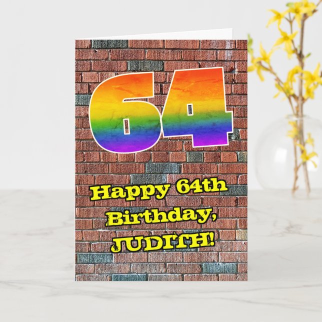 64:e födelsedagen: Roligt Graffiti-Inspired Rainbo Kort (Gul blomma)