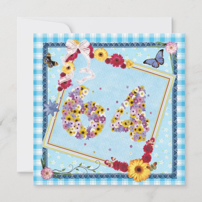 64:e Födelsedagsfest inbjudan-blommor,fjärilar Inbjudningar (Framsida)