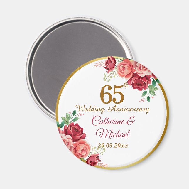 65-års bröllopsdag Guld ram Blommig Magnet (Front/Back)