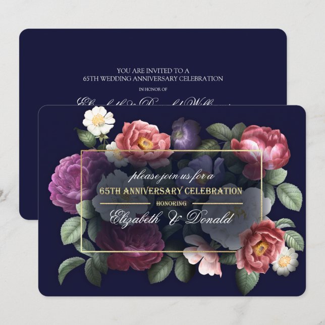 65-års bröllopsjubileum fest Vintage blommor Inbjudningar (Fram/baksida)