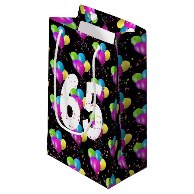 65-årsdag Ballonger och Konfetti Liten Presentpåse (Framsidan Vinklad)